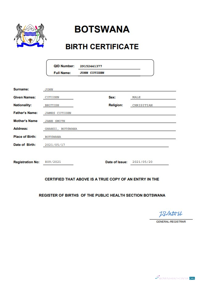 Download Botswana birth certificate Word and PDF template Photoshop template